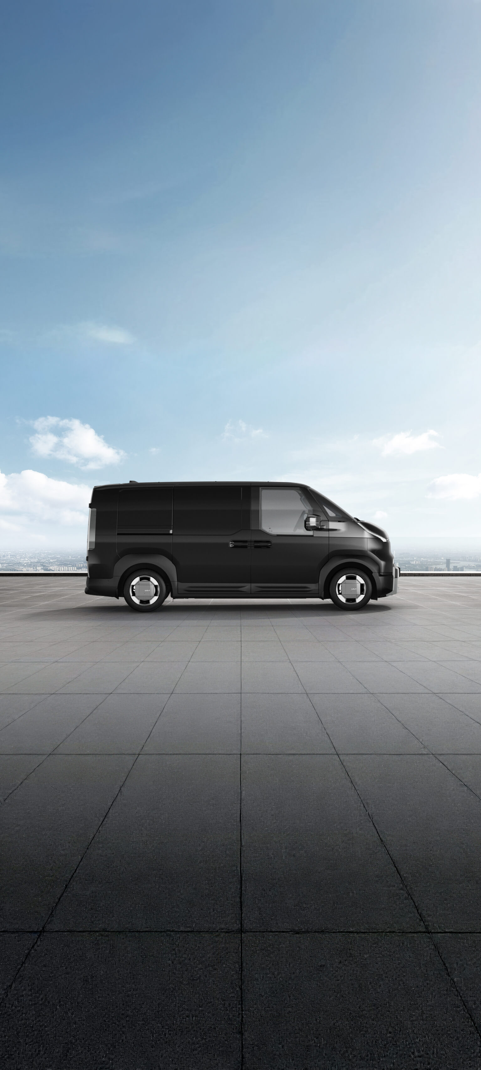 Seitenansicht des Kia PV5 Cargo in Auroraschwarz Metallic auf dem Exterior Color Visualizer