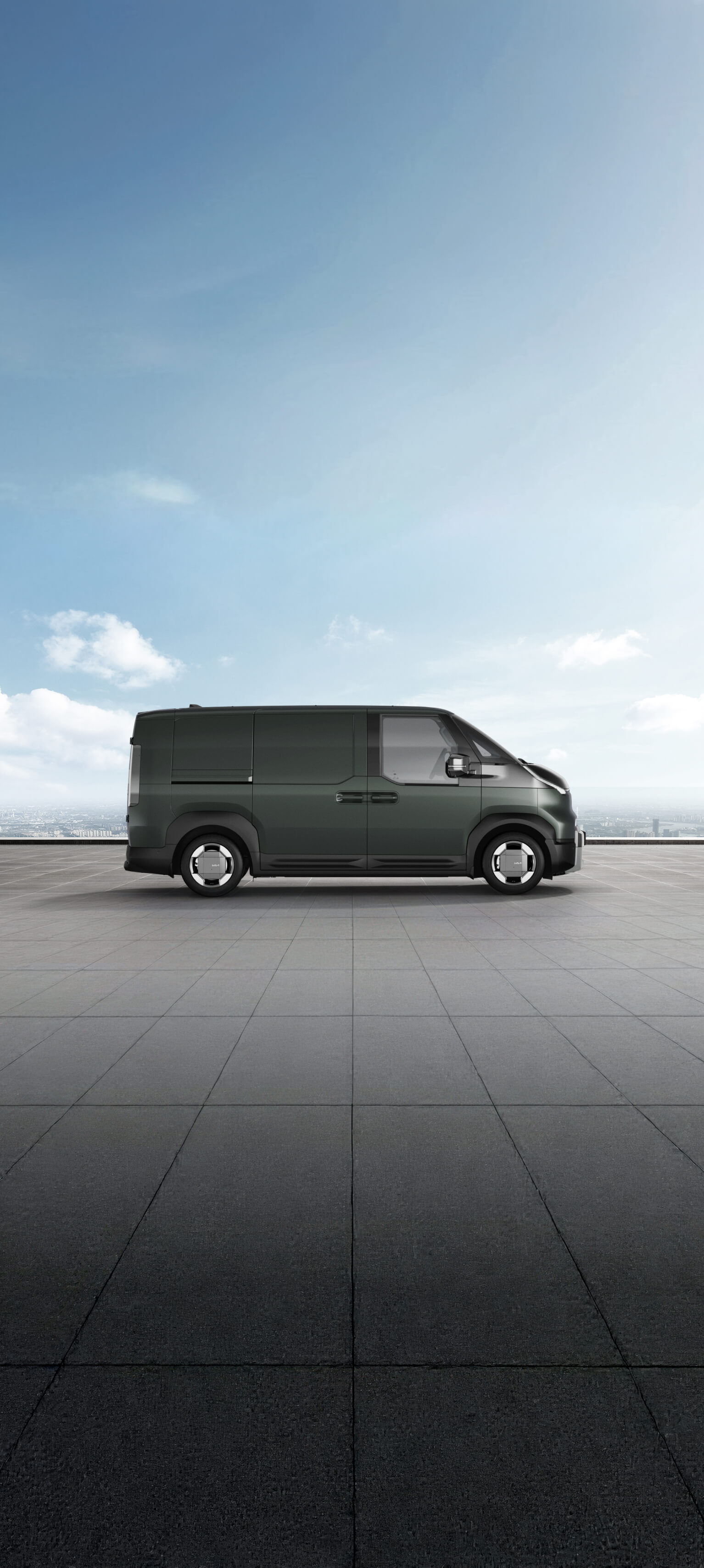 Seitenansicht des Kia PV5 Cargo in Cityscape Grün Metallic auf dem Exterior Color Visualizer