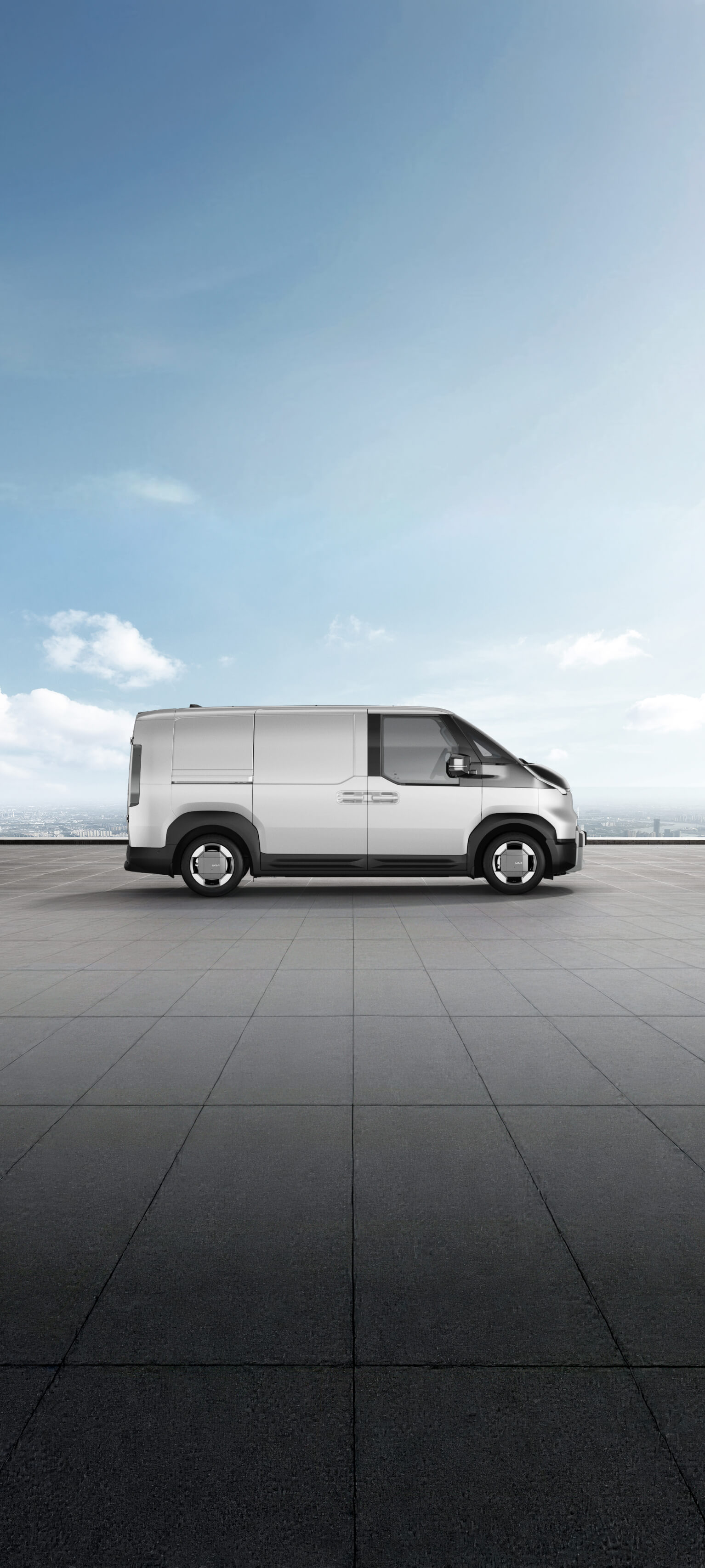 Seitenansicht des Kia PV5 Cargo in Snow White Pearl auf dem Exterior Color Visualizer