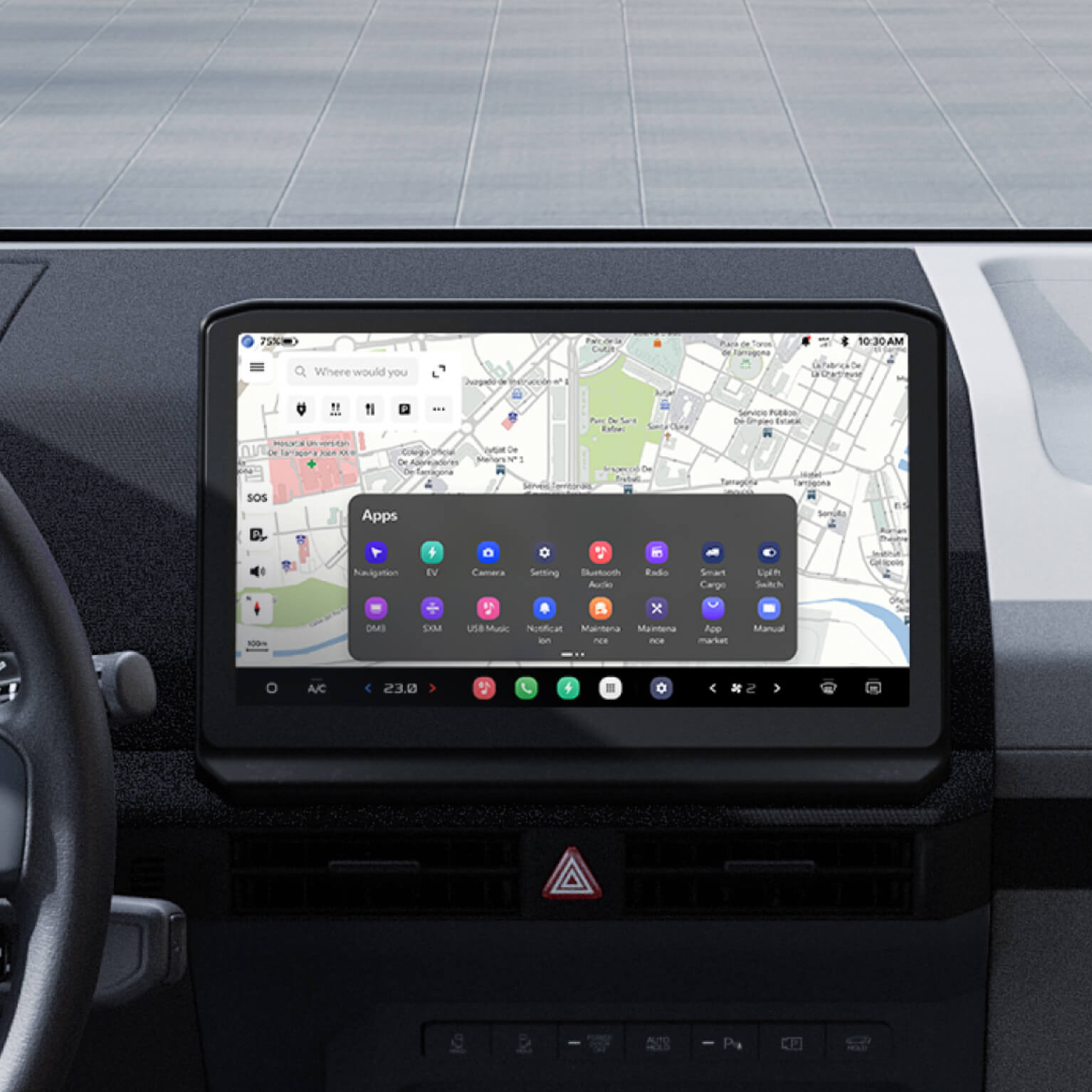 12,9-Zoll-Großdisplay im Kia PV5 mit AAOS-Oberfläche (Android Automotive OS), Navigation und App-Menü