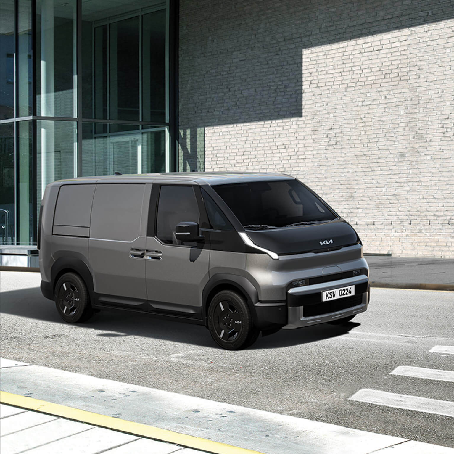 Seitenansicht des Kia PV5 Cargo auf einem Zebrastreifen mit Hervorhebung der Sicherheitsmerkmale