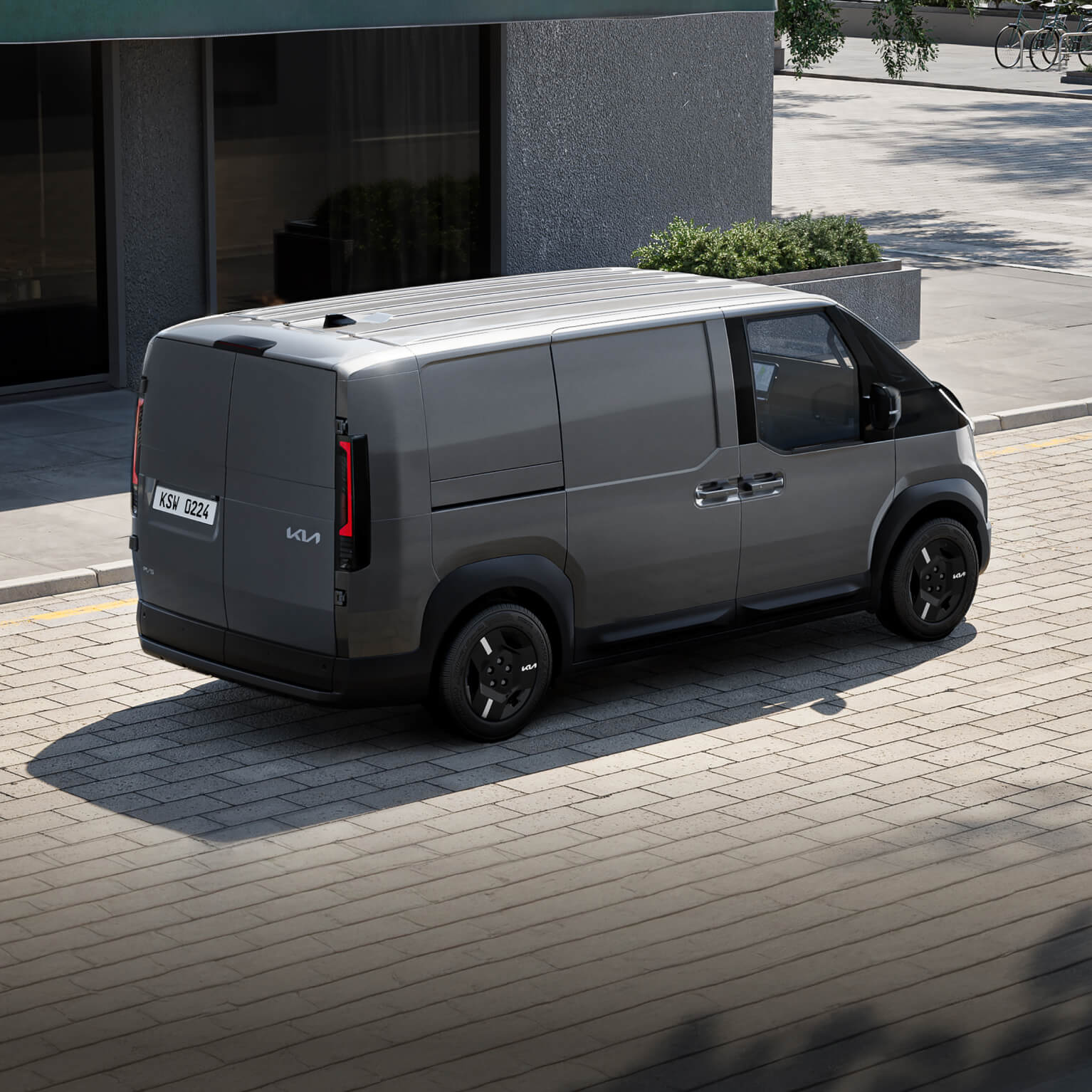 Die Heckansicht des Kia PV5 Cargo zeigt ein platzsparendes Design mit schnellen Zugriffsmöglichkeiten für praktischer Beladung