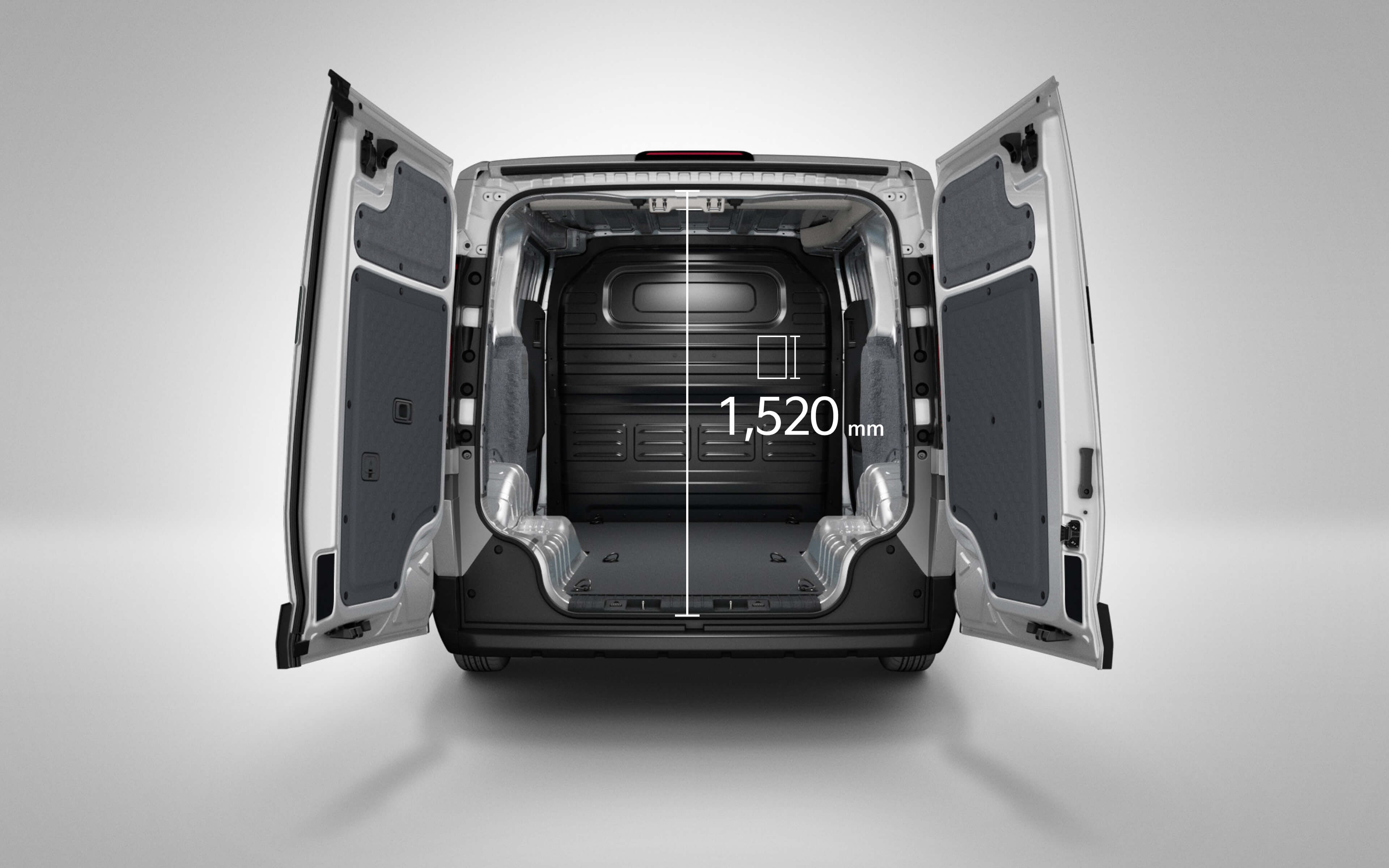 Heckansicht des Kia PV5 Cargo mit geöffneten Hecktüren