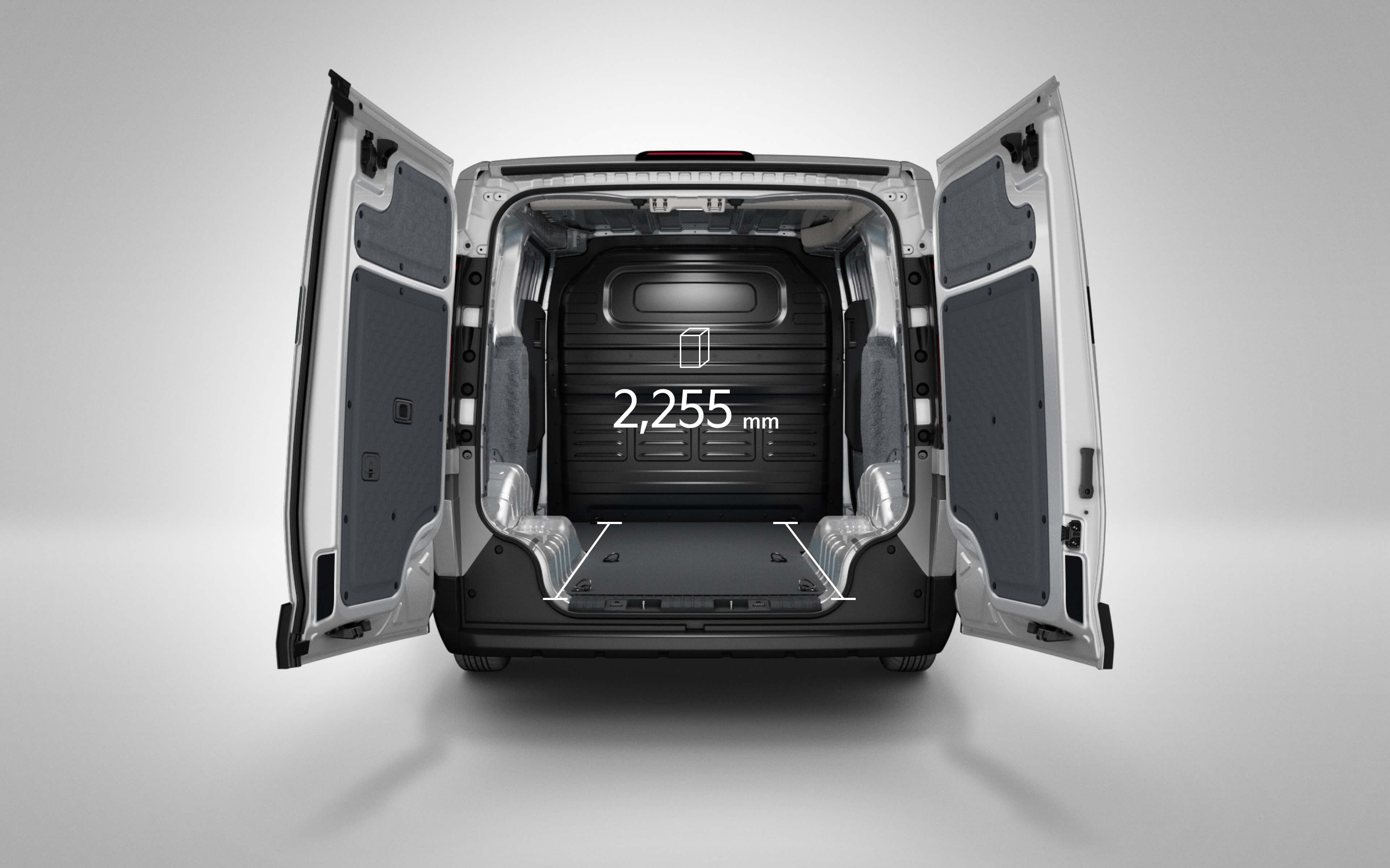 Heckansicht des Kia PV5 Cargo mit einer Ladelänge von 2.255 mm