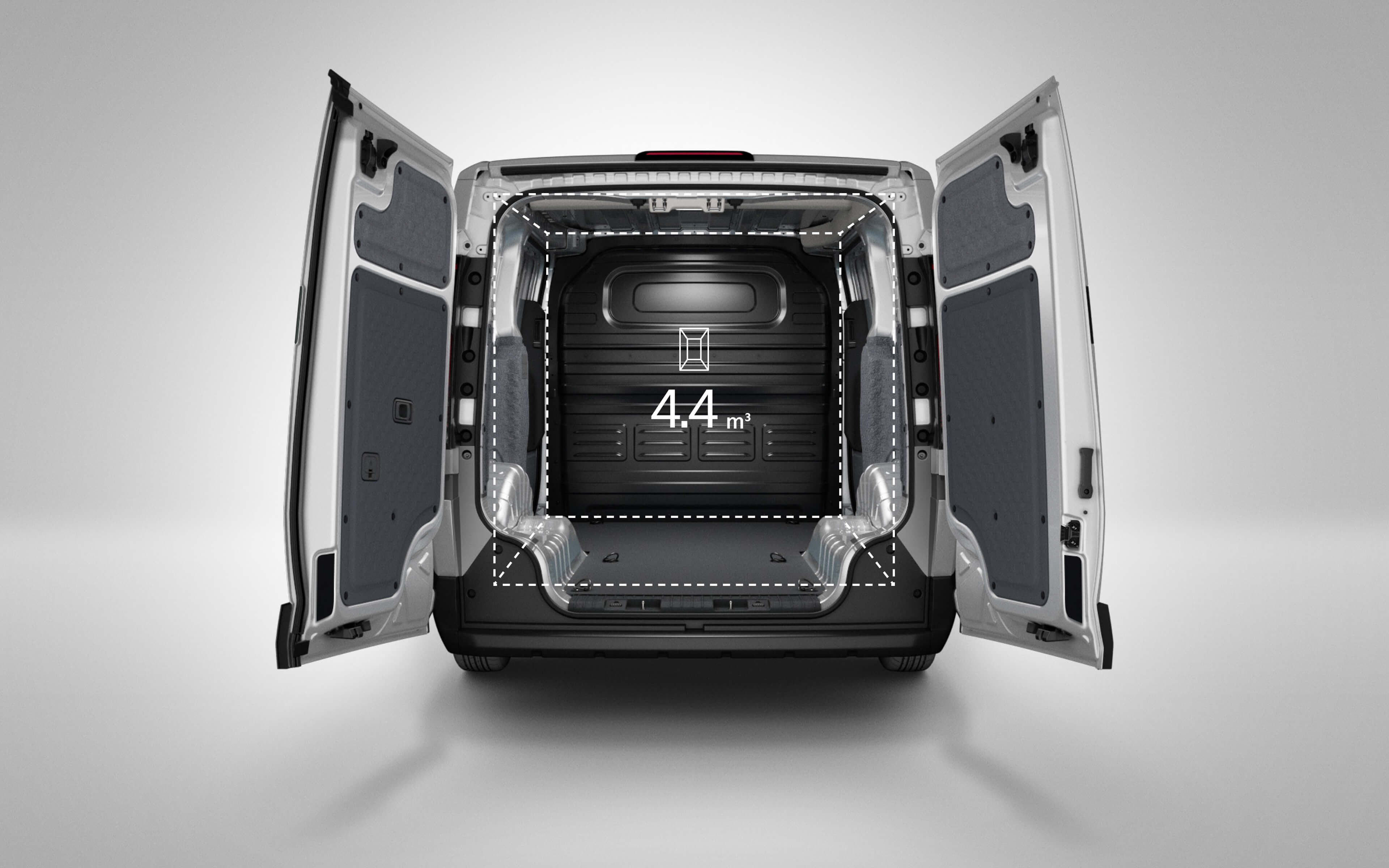 Heckansicht des Kia PV5 Cargo mit einem Laderaumvolumen von 4,4 ㎥.